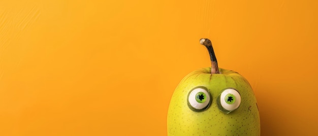 Photo green pear with googly eyes on yellow background