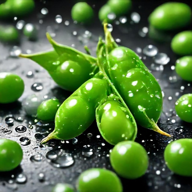 green peas are on a black surface with drops of water