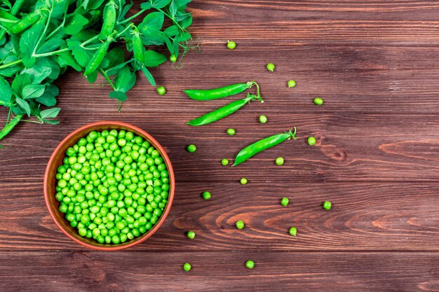 Photo green peas in a bowl against the background of shoots of leaves of young green peas on the table