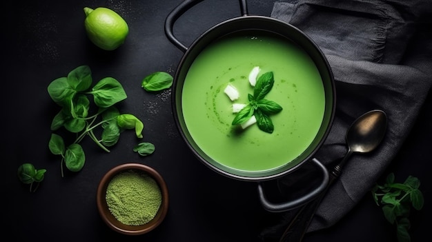 Green peas cream soup Illustration AI GenerativexA