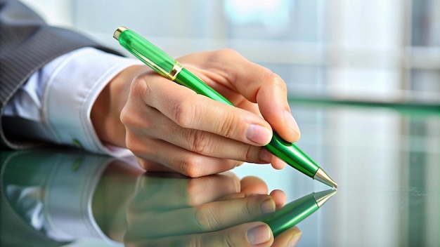 a green pen is being used to write a letter