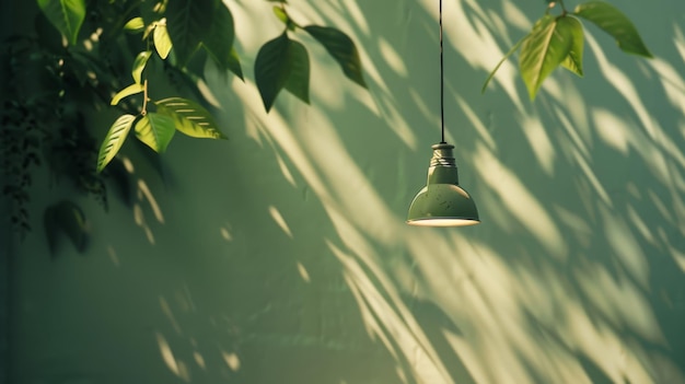 Photo a green pendant lamp hangs amid plant shadows on a softly lit green wall creating a serene blend of nature and interior elegance