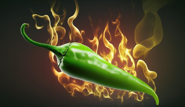 A green pepper is in front of a fire