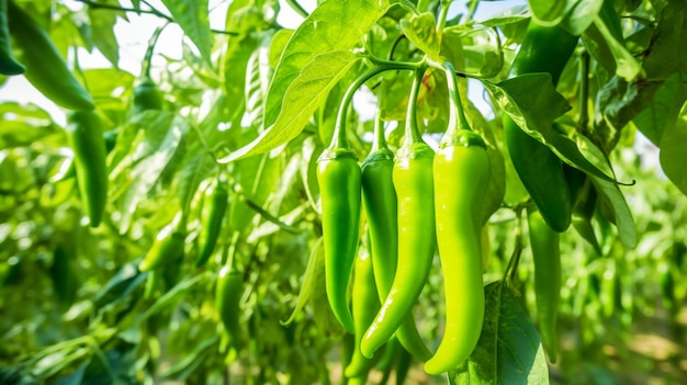 Green peppers growing in the garden Green bell pepper hanging on tree in plantation AI Generative