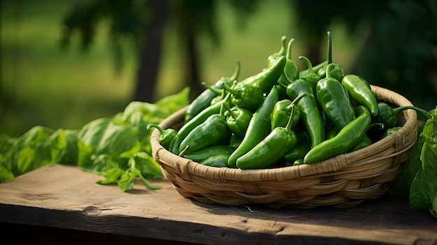 Green peppers on a table in the organic garden