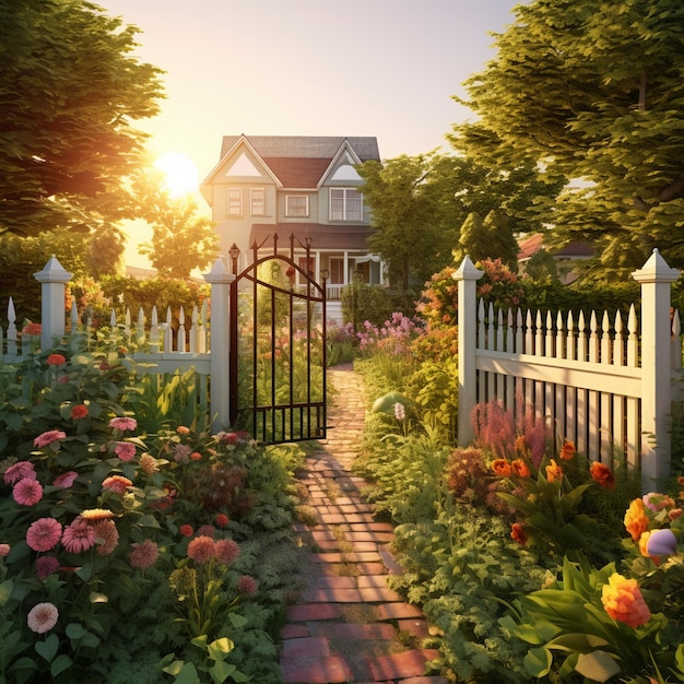 a green picket fence with a metal gate with brass hardware An arbor walkway with flowers Summer