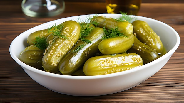 Green pickled marinated gherkins in a white dish