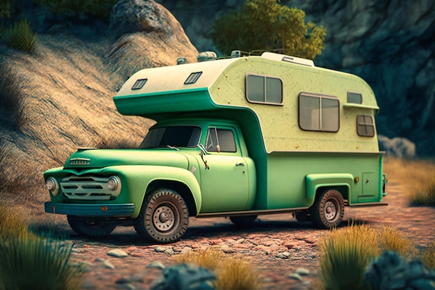 A green pickup truck with a camper shell exploring offroad adventures