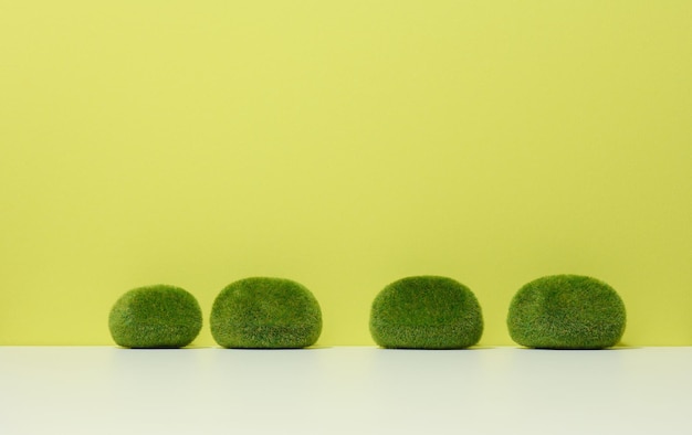 Green pieces of moss and a stage for the demonstration of products cosmetics