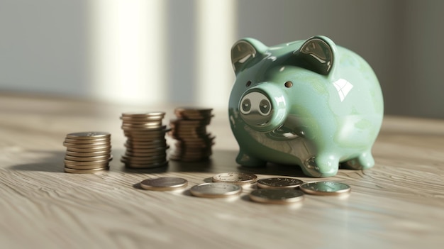 The green piggy bank and coins