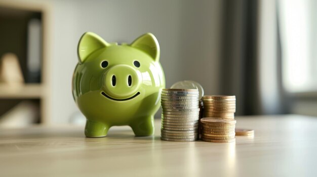 Photo the green piggy bank and coins