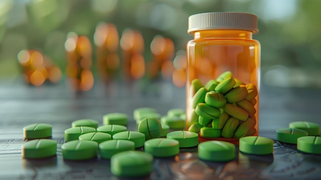 Green pills on table