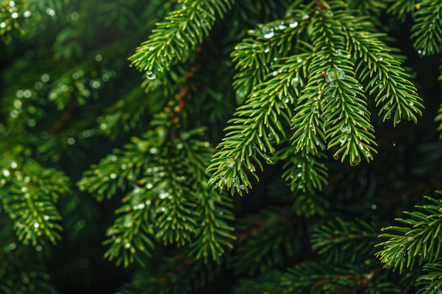 Photo green pine tree branches covered with droplets after the rain