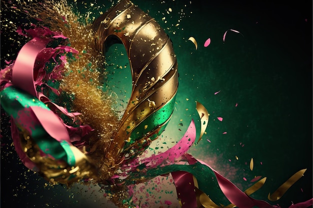 Green and pink abstract background for carnival party concept with gold foil streamers and shiny confetti