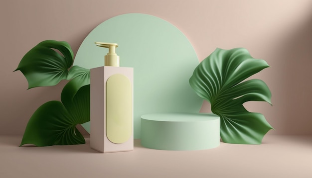 A green and pink background with a bottle of soap and a green plant.