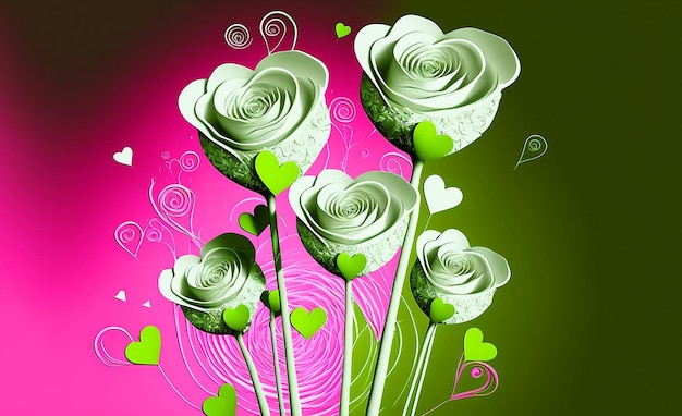 A green and pink background with a bunch of roses and hearts.