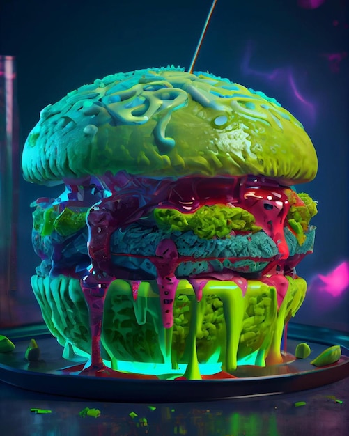 A green and pink burger with green frosting and a purple glow.