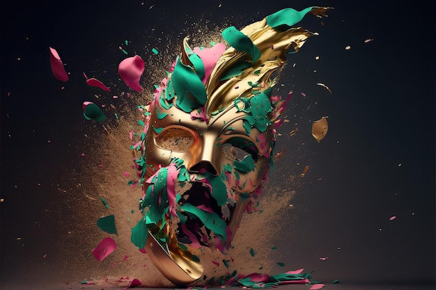 Green and pink carnival mask with glitter on a background of gold foil confetti and streamers