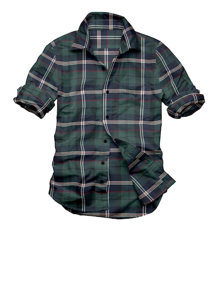 A green plaid shirt with a black and white label