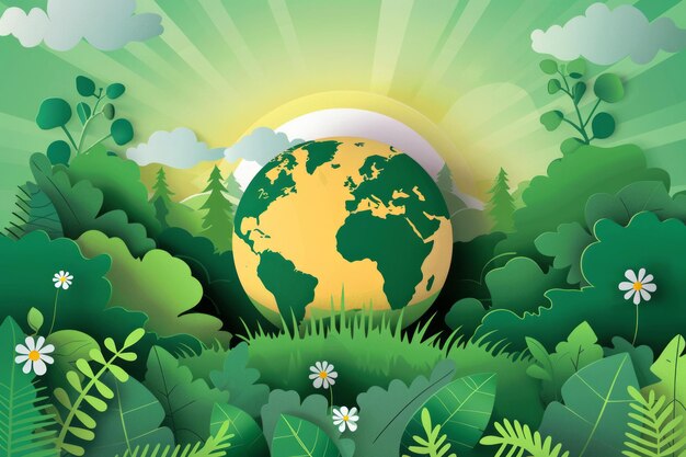 A green planet earth is surrounded by trees and grass Ecological and sustainability concept