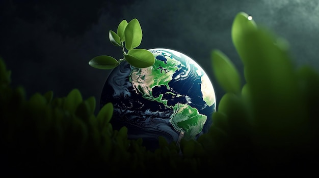 A green planet behind leaves