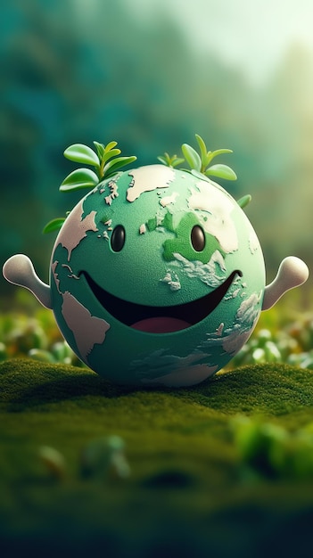 A green planet with a smiling face and a plant on it.