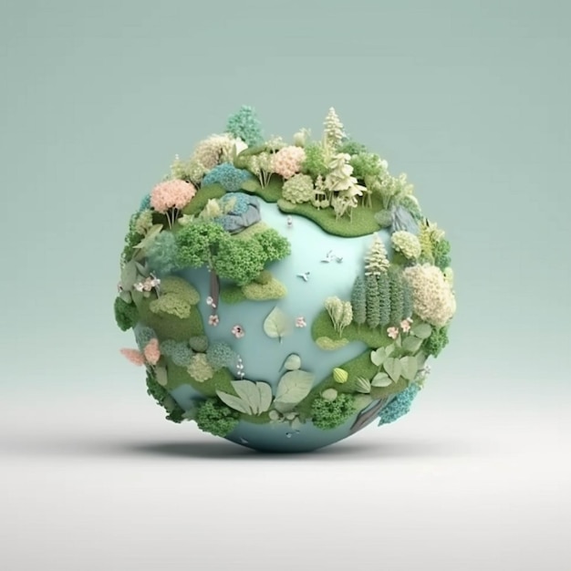 Green planet with trees and bushes on a green background 3d rendering