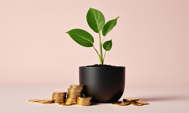 Green plant in black pot with gold coins