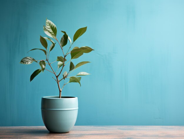 a green plant in a blue pot on a wooden table