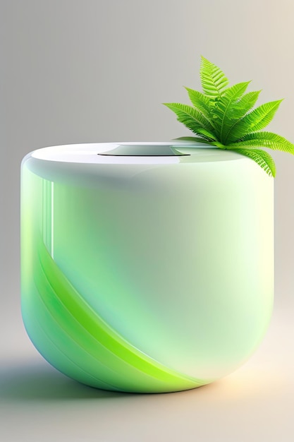 a green plant in a container with a palm leaf on top.