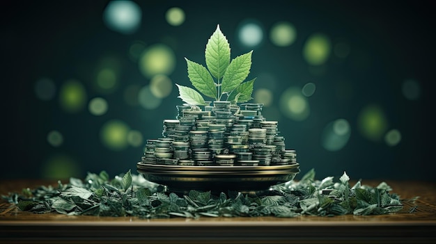 A green plant emerges from a mound of shiny gold coins symbolizing growth and prosperity Generative AI