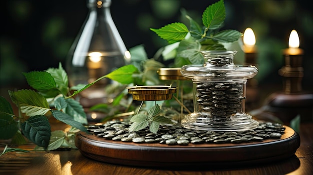 A green plant emerges from a mound of shiny gold coins symbolizing growth and prosperity Generative AI