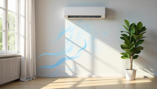 a green plant in front of a white wall with a blue line on it