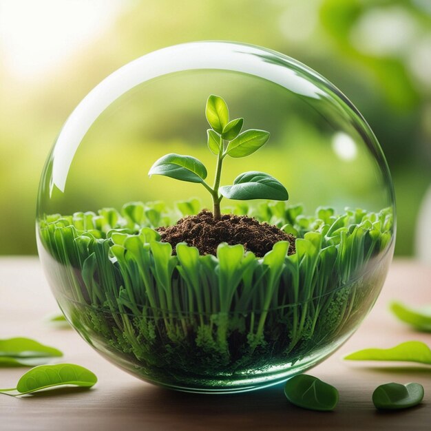 a green plant in a glass bowl with green leaves