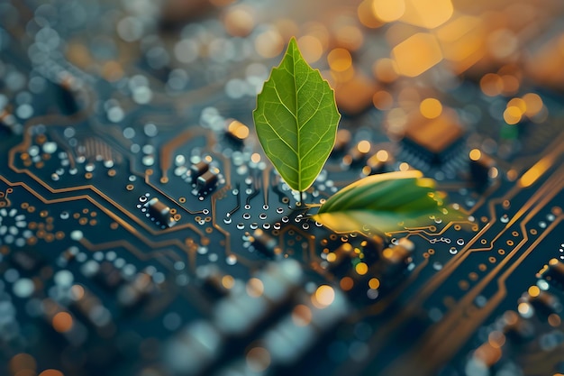 Green plant growing on computer circuit board symbolizing sustainable technology in nature Concept Sustainable Technology Greenery Integration Nature and Tech Innovative Solutions