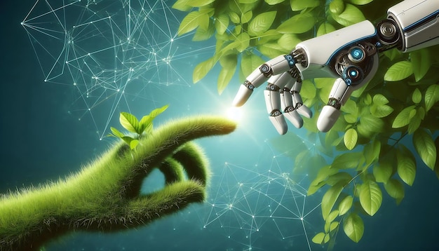 a green plant growing next to a hand that says quot robot quot