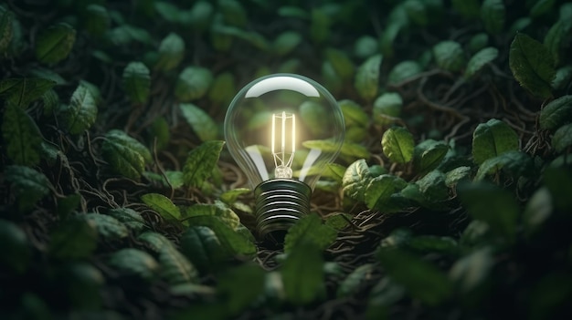 Green plant growth in light bulb Generative ai