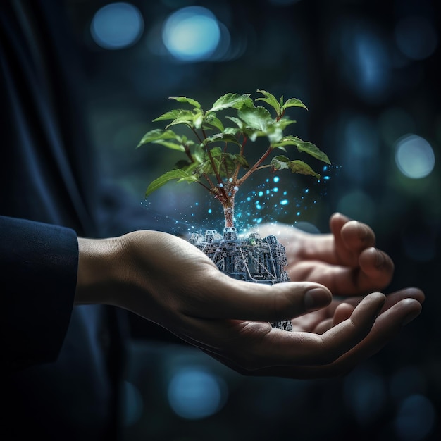 Green plant in human hands on blurred background respect for nature sustainable energy care for the