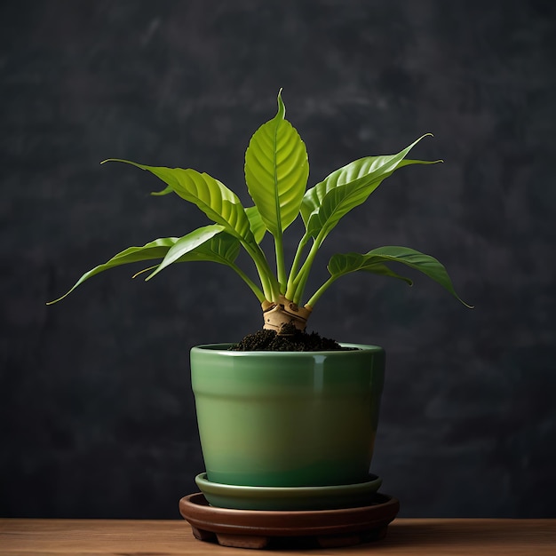 Photo a green plant is in a green pot on a table