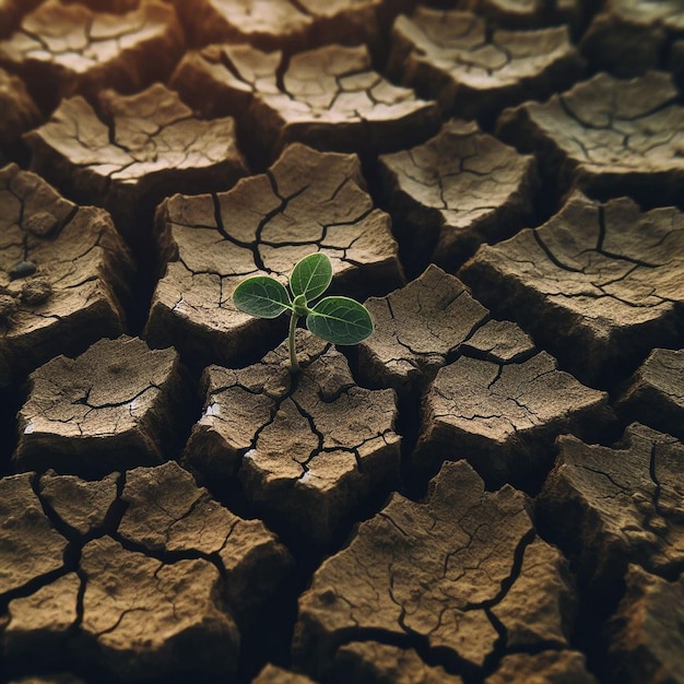 a green plant is growing in a cracked earth