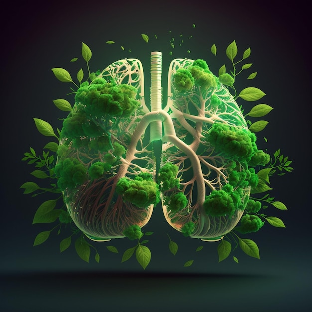 A green plant is surrounded by leaves and the word lung is on the left side.