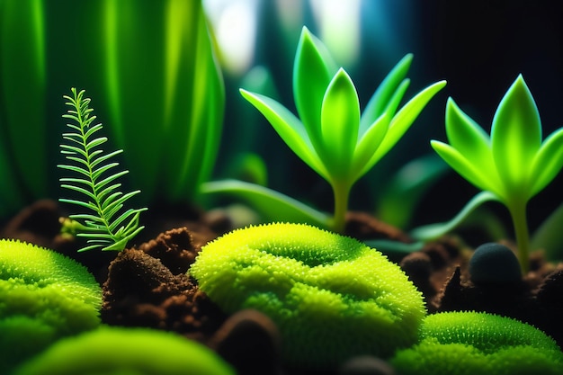 A green plant is surrounded by other plants and rocks.