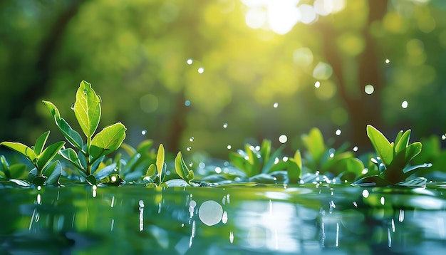 a green plant is in the water with the sun shining through the leaves