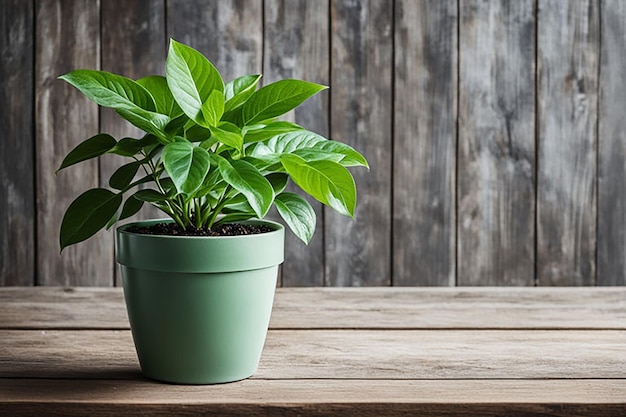 a green plant is on a wooden table