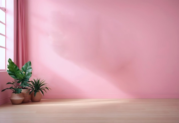 Green plant on pink wall background aesthetic banner with copy space text