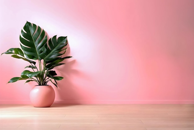 Green plant on pink wall background aesthetic banner with copy space text