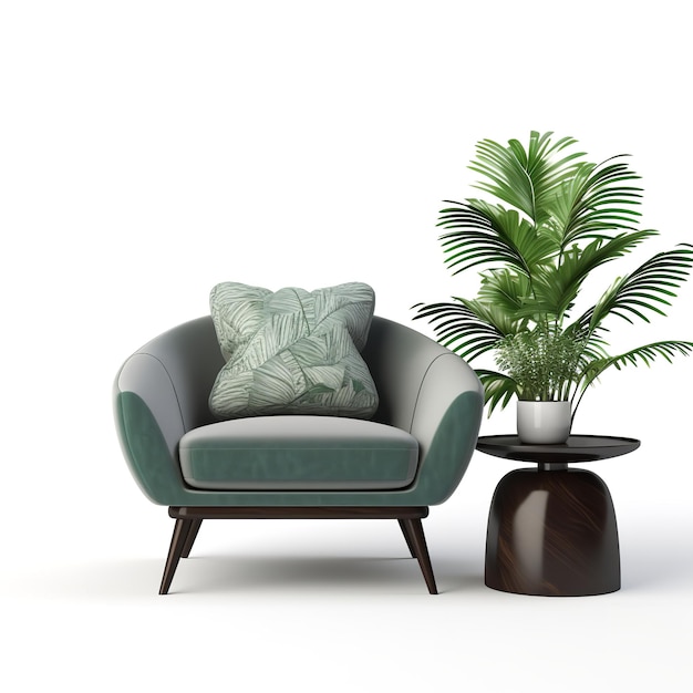 a green plant sits next to a chair with a plant in it