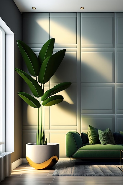 a green plant sits in a white vase with a green plant in the corner.