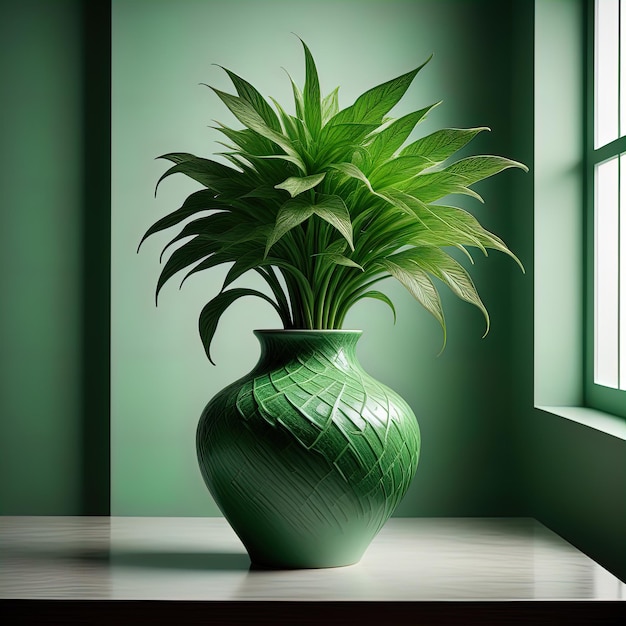 green plant in vase on table in roominterior design with green leaves and vase on wooden table gree