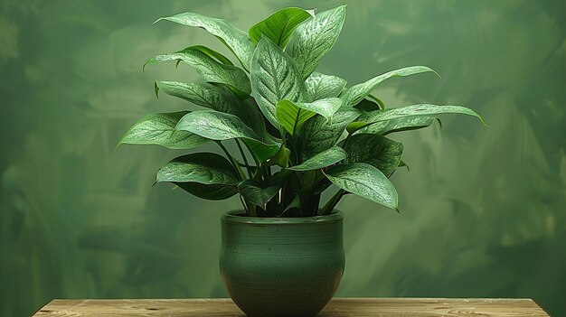 a green plant in a vase with a green background